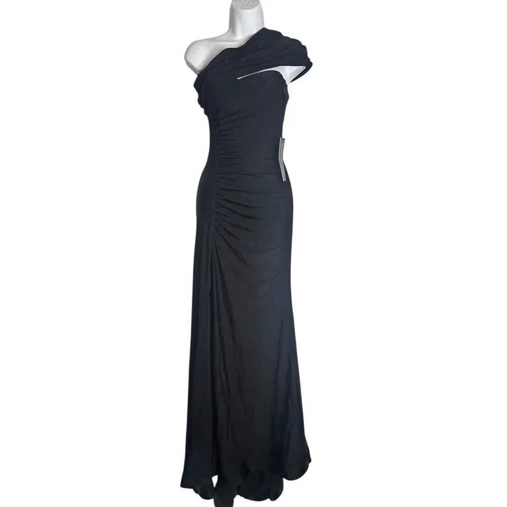 NWT Cinderella Divine Asymmetrical Neckline Bodycon Slit Black Dress Gown 2 - Picture 3 of 12